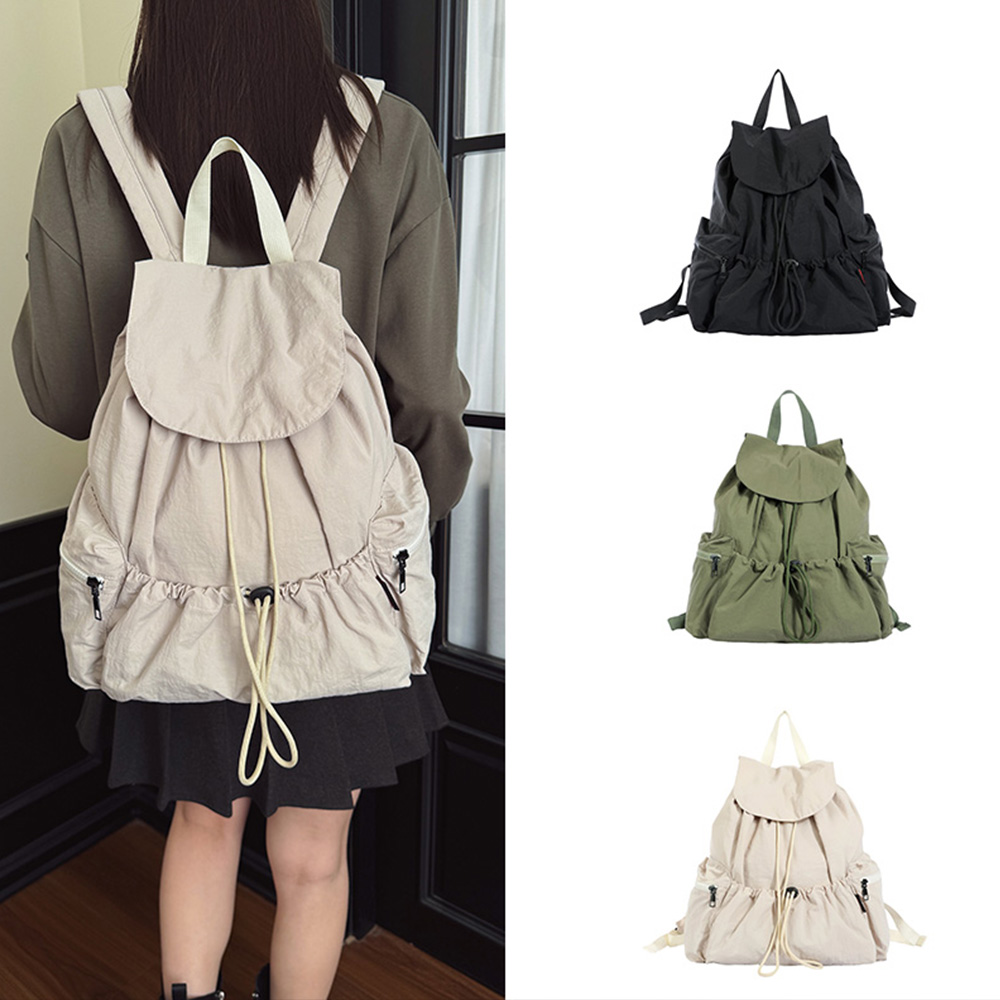 Canvas Backpack Casual - กระเป๋าเป้สะพายหลังแบบมีเชือกรูด ทำจากผ้าไนลอน ดีไซน์จีบย่น ความจุขนาดใหญ่ น้ำหนักเบา มีช่องใส่ของหลายช่อง