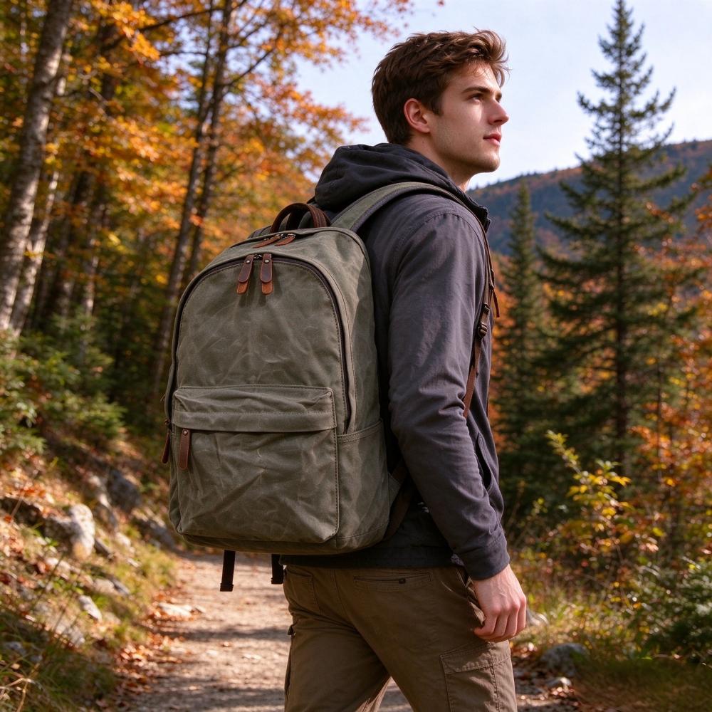 Canvas Backpack Casual - กระเป๋าเป้ผ้าแคนวาสเคลือบแว็กซ์สไตล์วินเทจ ตกแต่งด้วยหนังแท้ เหมาะสำหรับใช้ในชีวิตประจำวัน เดินทาง หรือไปโรงเรียน